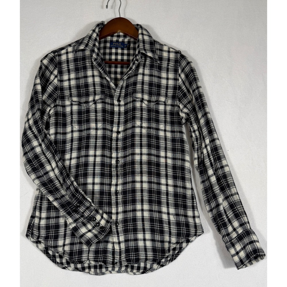 Polo Ralph Lauren Black White Plaid Snap Button Western Shirt Cotton Womens 8